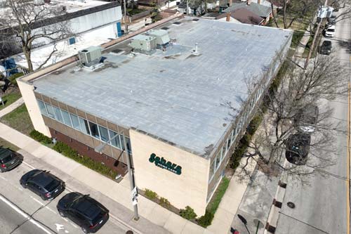Arial view of commercial building roof.
