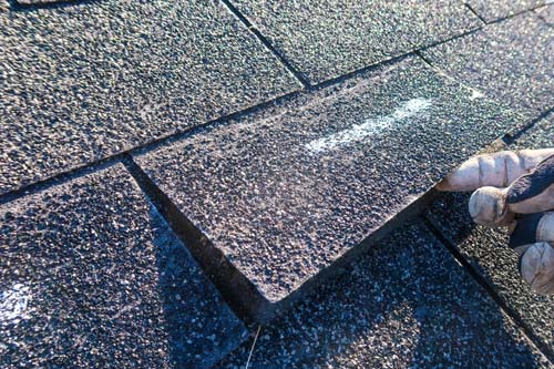 Close up of shingle damaged from storm.